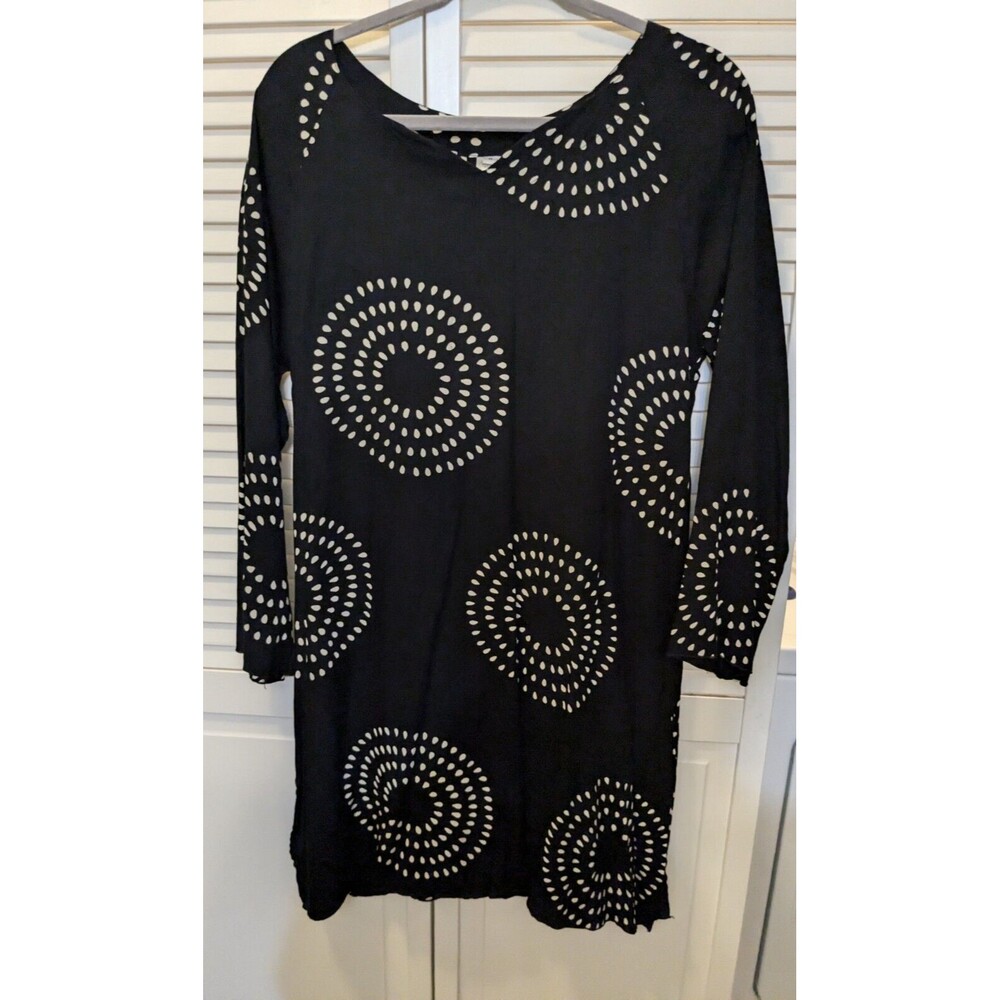 90s Dragonfly Import Black & White Print Rayon Boho Lagenlook Shift Dress M